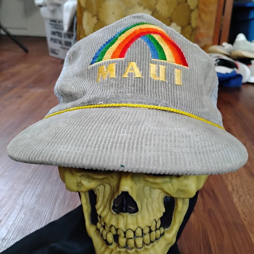 Vintage Maui Hawaii Rainbow Corduroy Rope Snap Hat Cap